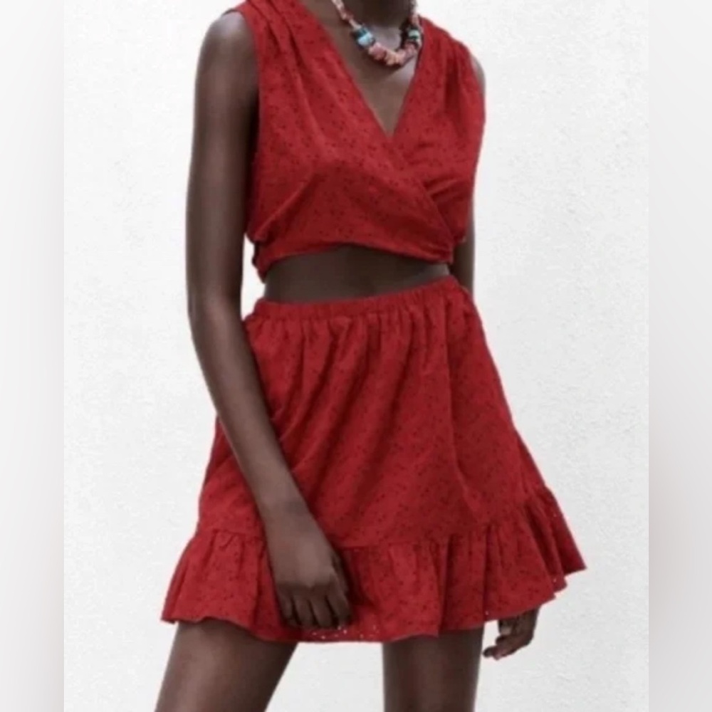 NWT ZARA Eyelet Cutout Dress Ruffle Cottagecore Romantic Cotton Terracotta XS